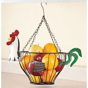 Country Rooster Fruit Hanging Basket 9-inch Black Wire Chain Tabletop Farmhouse
